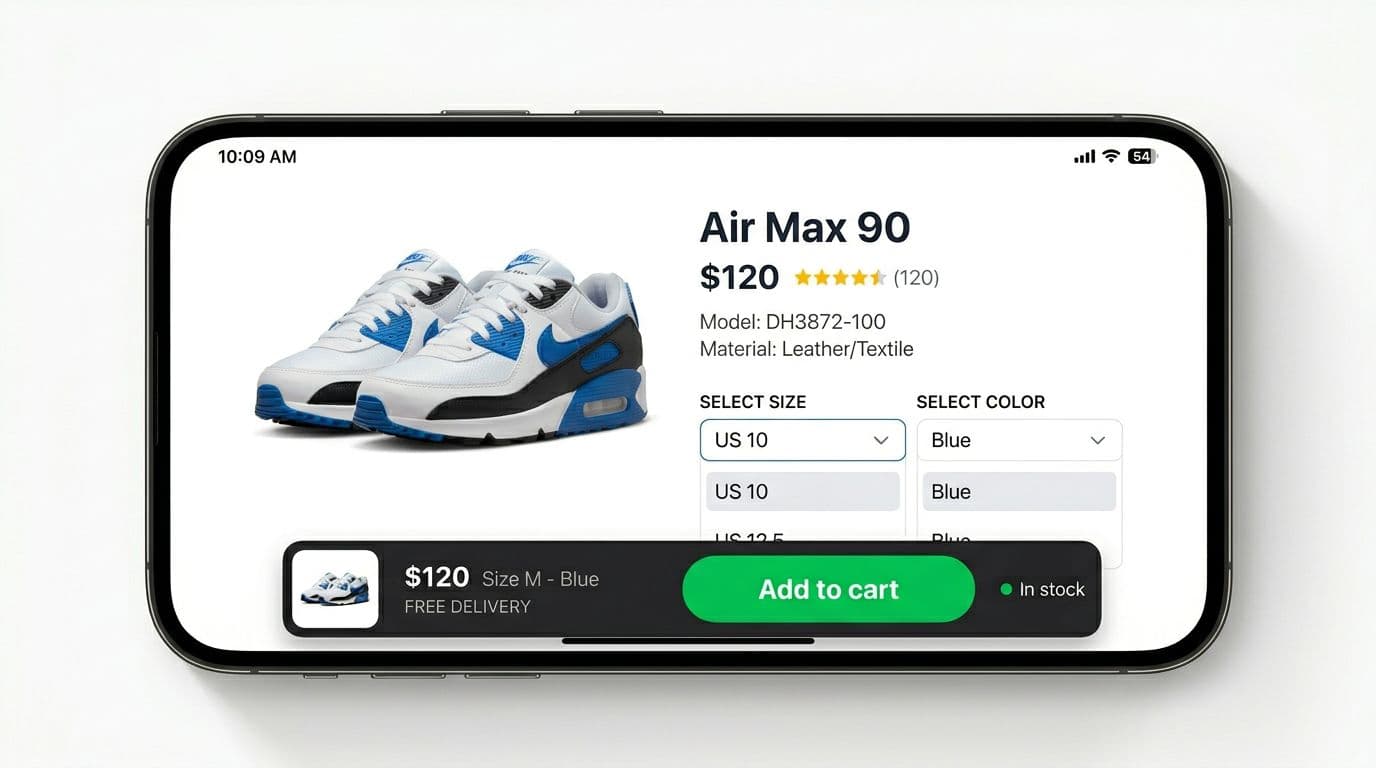 Realistic landscape mobile eCommerce product detail page UI mockup featuring Air Max 90 sneakers with product image, title, price, variant selectors, ratings, and sticky bottom add-to-cart bar.