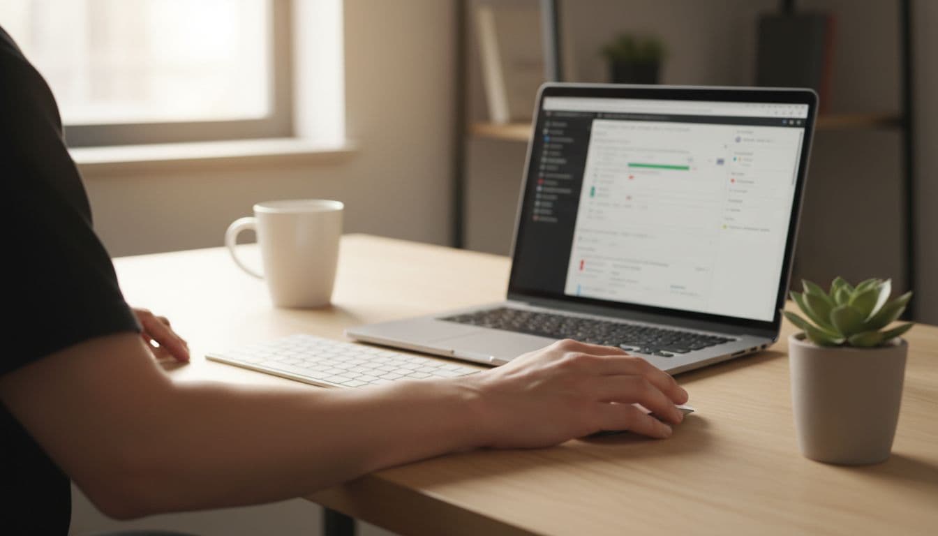 Analyst configuring Google Tag Manager tags for GA4 ecommerce tracking on Shopify integration, with laptop screen at angle showing blurred tag setup interface, hands resting on desk in modern workspace.