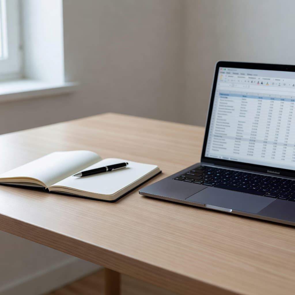 A notebook and pen rest on a clean wooden desk surface next to a laptop displaying a blurred spreadsheet. Soft natural light highlights the minimalist setup for reviewing customer feedback.