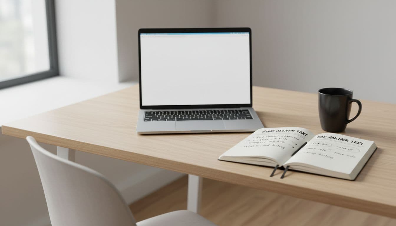 A minimalist clean desk setup includes an open laptop displaying a blog post, a notebook with handwritten anchor text examples like 'best bluehost alternative' and 'cheap hosting', a coffee mug, under natural daylight with modern simple style.