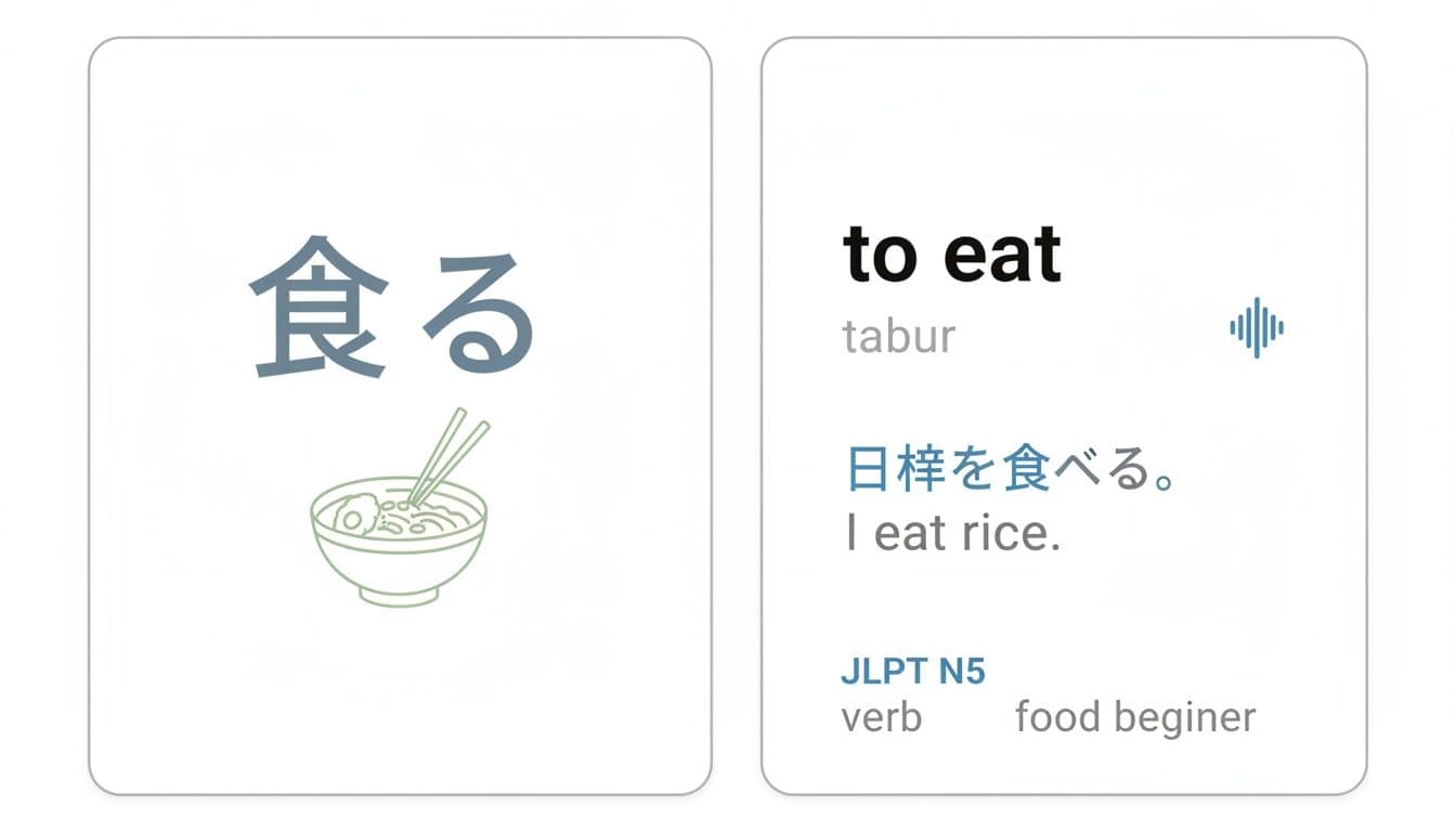 Split-view illustration of an Anki flashcard for language learning: front side shows Japanese word '食べる' with subtle food image; back side displays English 'to eat', romaji 'taberu', audio icon, bilingual example sentence, JLPT N5 source, and tags like verb, food, beginner.