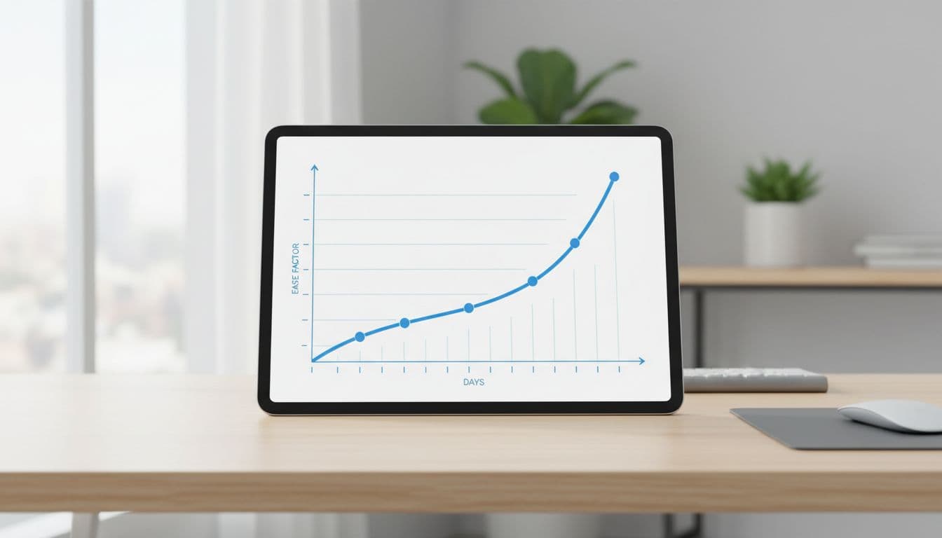 Infographic-style line graph on a digital tablet visualizing Anki's spaced repetition algorithm, with review intervals increasing over time, days on the x-axis and ease factor on the y-axis, in a minimalistic bright office setting.