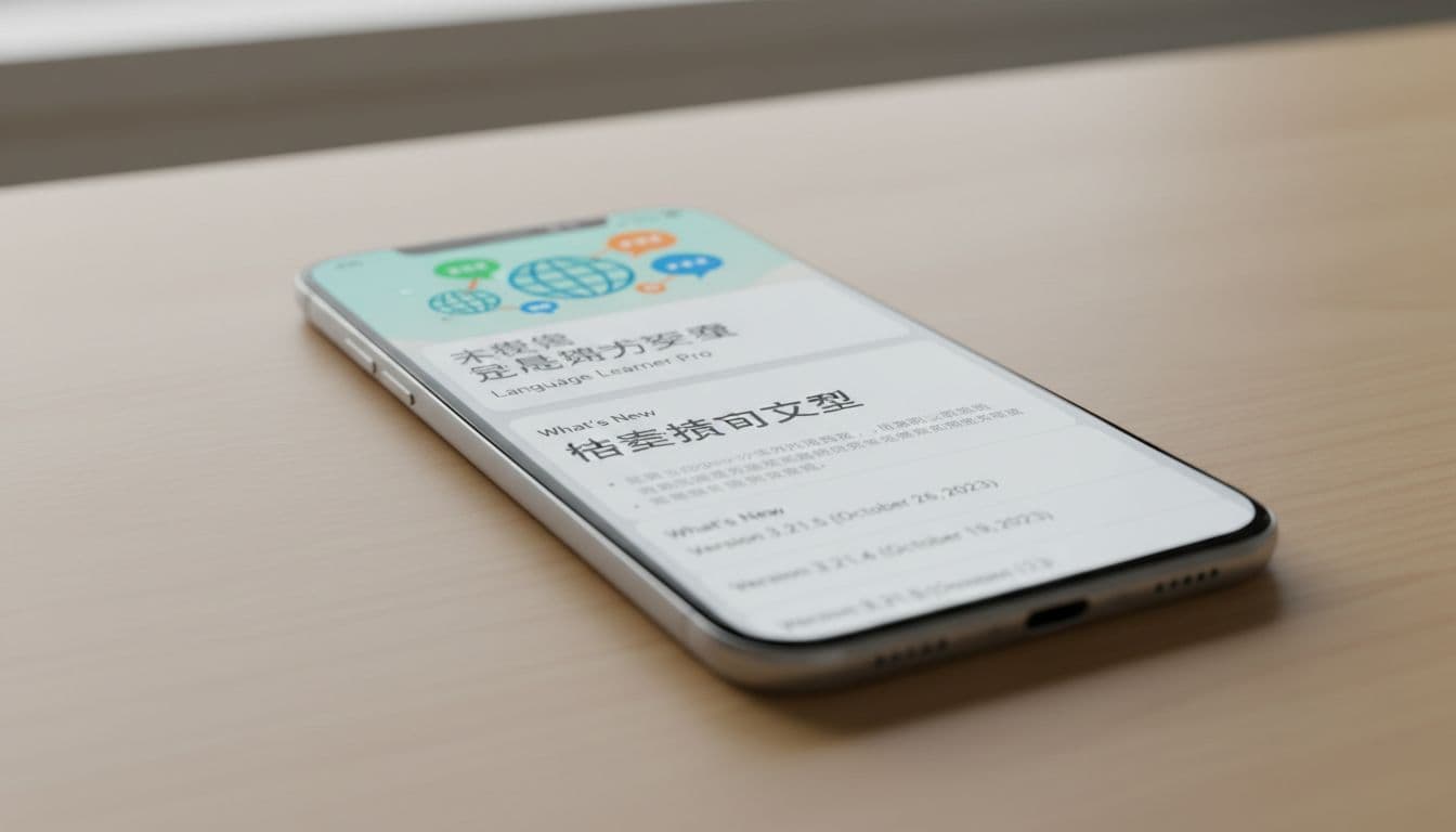 The 15-Minute Changelog Transparency Check For Language Learning Apps 2 A close-up of a smartphone screen displaying an app store page for a language learning app, highlighting the 'What's New' section with version history visible. Single phone on a clean desk with soft natural light, realistic style, high detail on screen elements.