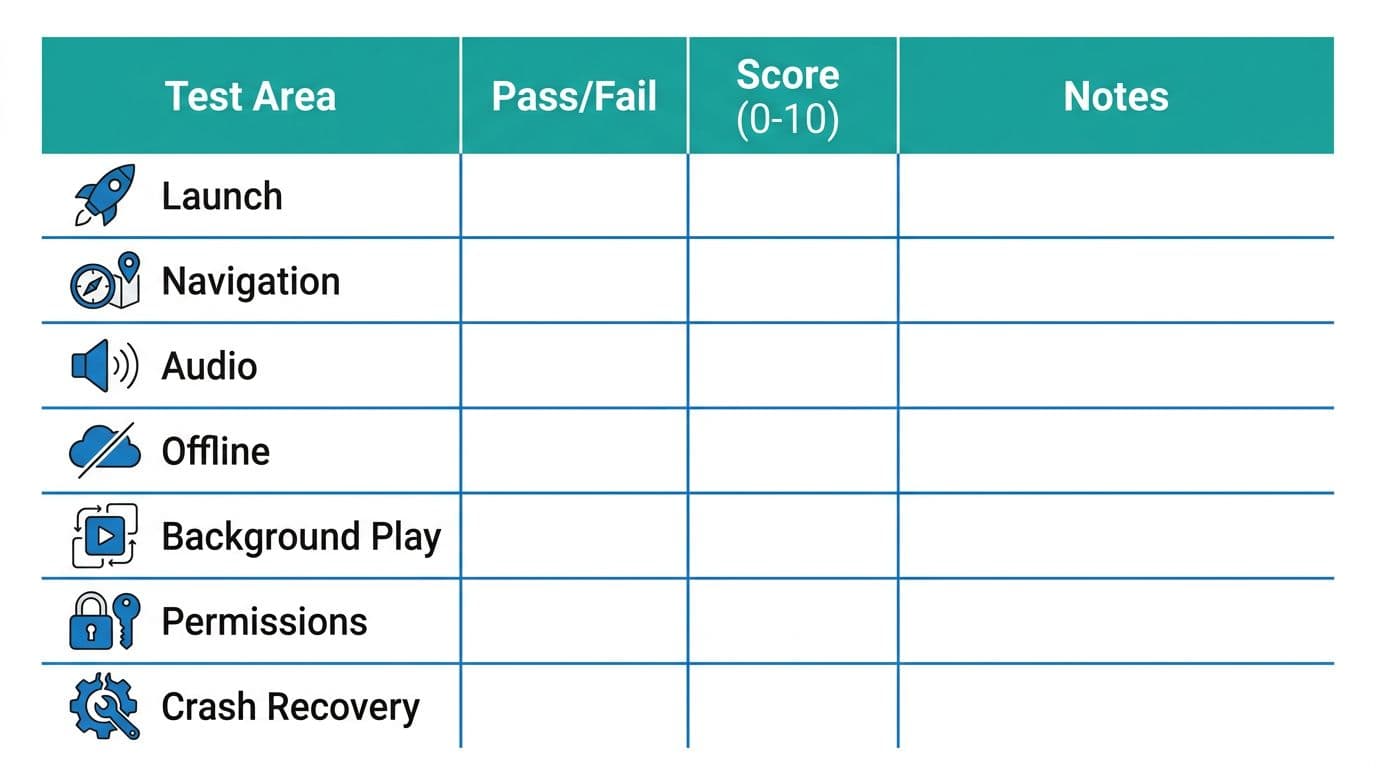The 10-Minute Crash Stability Check For Language Learning Apps 4 A simple table infographic serving as a scoring rubric for mobile app tests, with columns for Test Area, Pass/Fail, Score (0-10), and Notes, and rows for Launch, Navigation, Audio, Offline, Background Play, Permissions, and Crash Recovery, featuring relevant icons in a flat vector minimal high-contrast style.