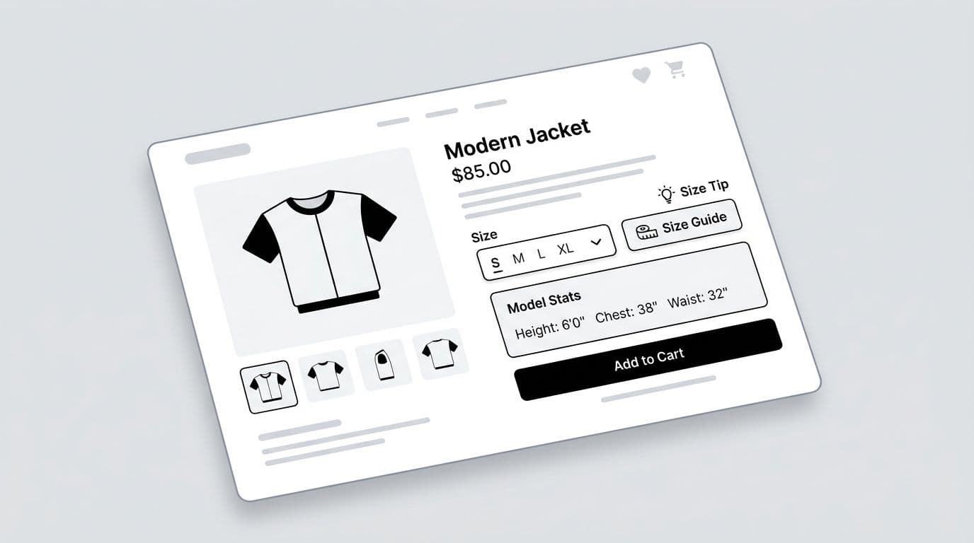 Clean professional UX UI illustration of size selector dropdown, size guide link, quick-fit tip icon, and model stats on an apparel product detail page. Modern SaaS flat vector design with subtle shadows on neutral gray background.