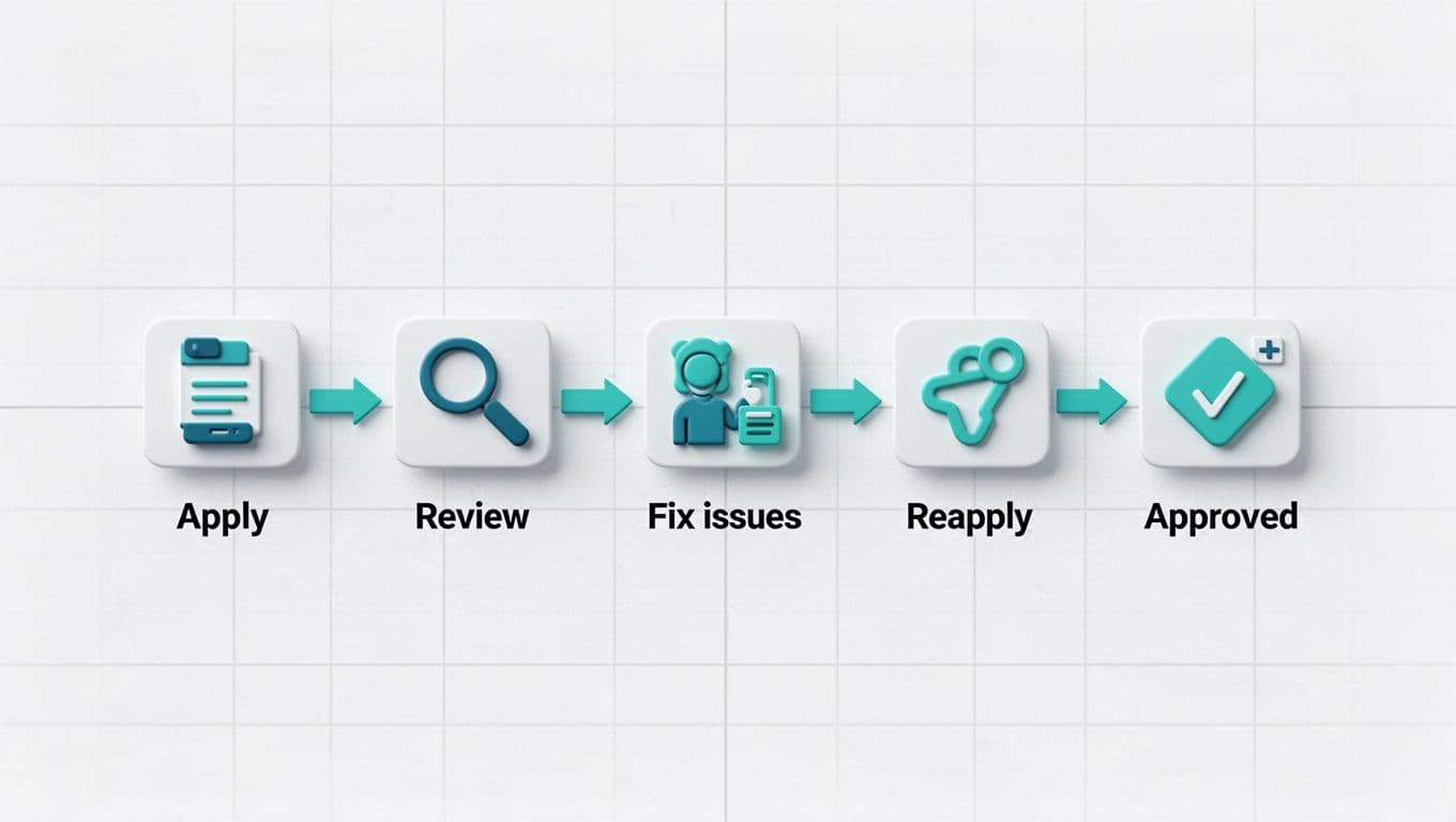 Clean vector illustration of a sequential flowchart with icons for Apply, Review, Fix issues, Reapply, and Approved, connected by arrows in a professional style with teal accents and subtle grid background.