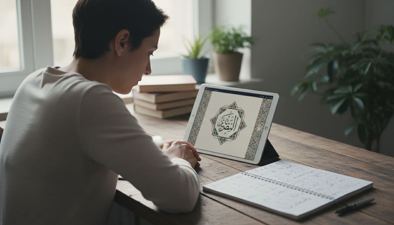 Adult at wooden desk with tablet showing Arabic script and nearby handwriting notebook, window light.
