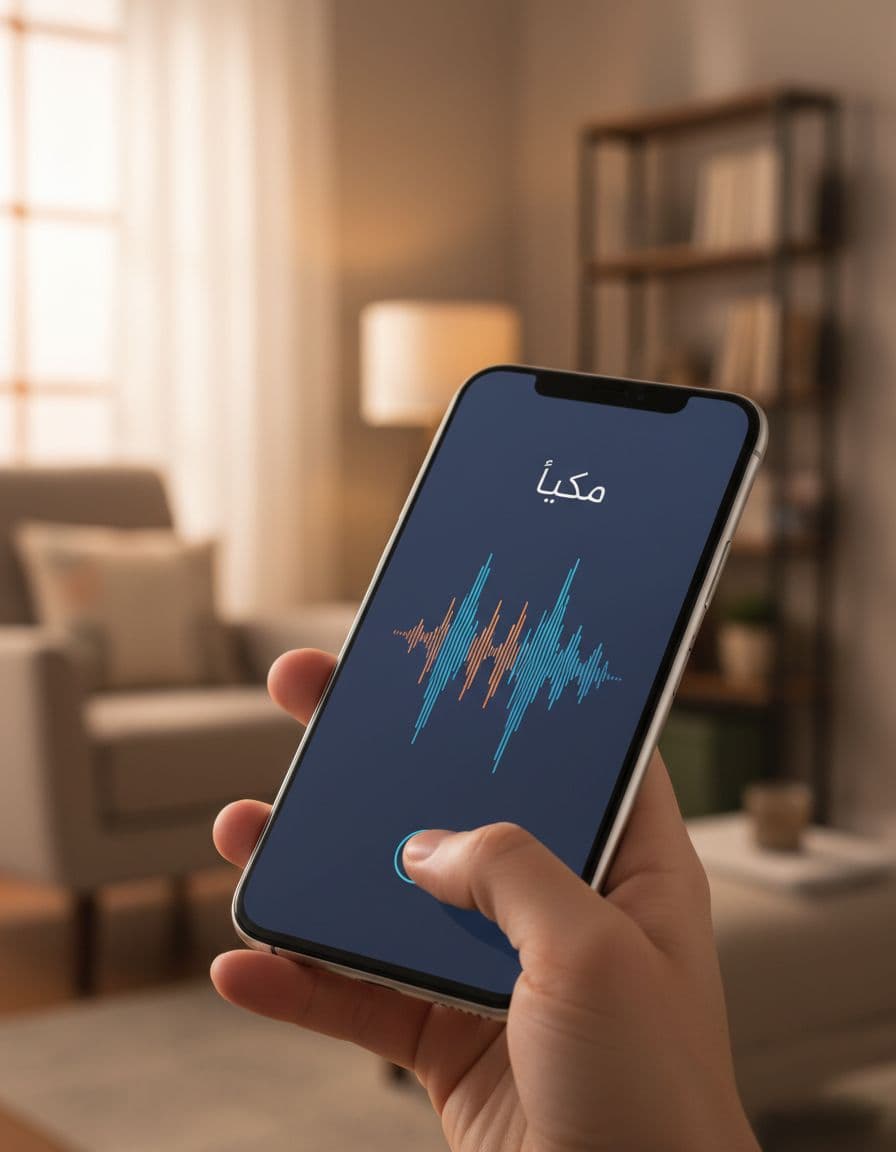 Hand holds angled smartphone displaying Arabic pronunciation exercise with audio waveform on cozy home background.