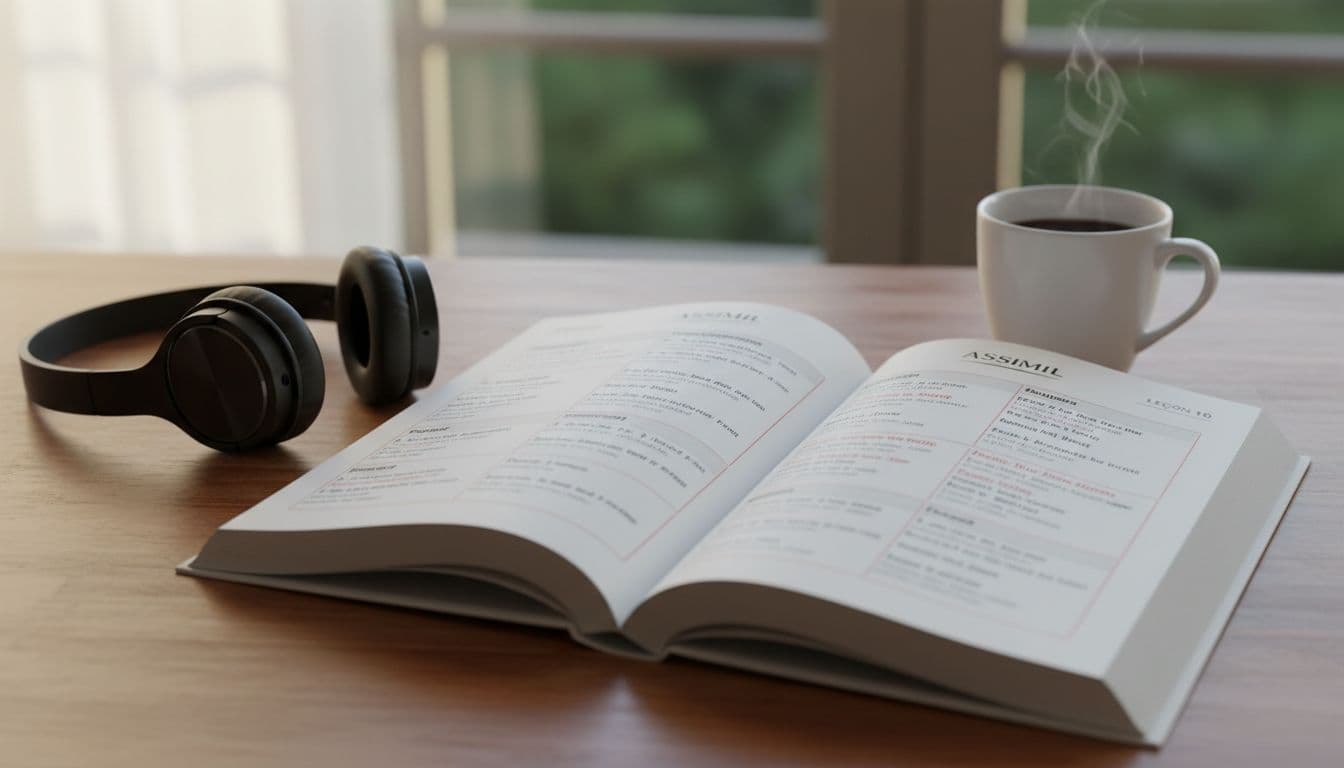 Close-up of open Assimil book showing French-English pages on wooden desk with wireless headphones and coffee mug in natural daylight.
