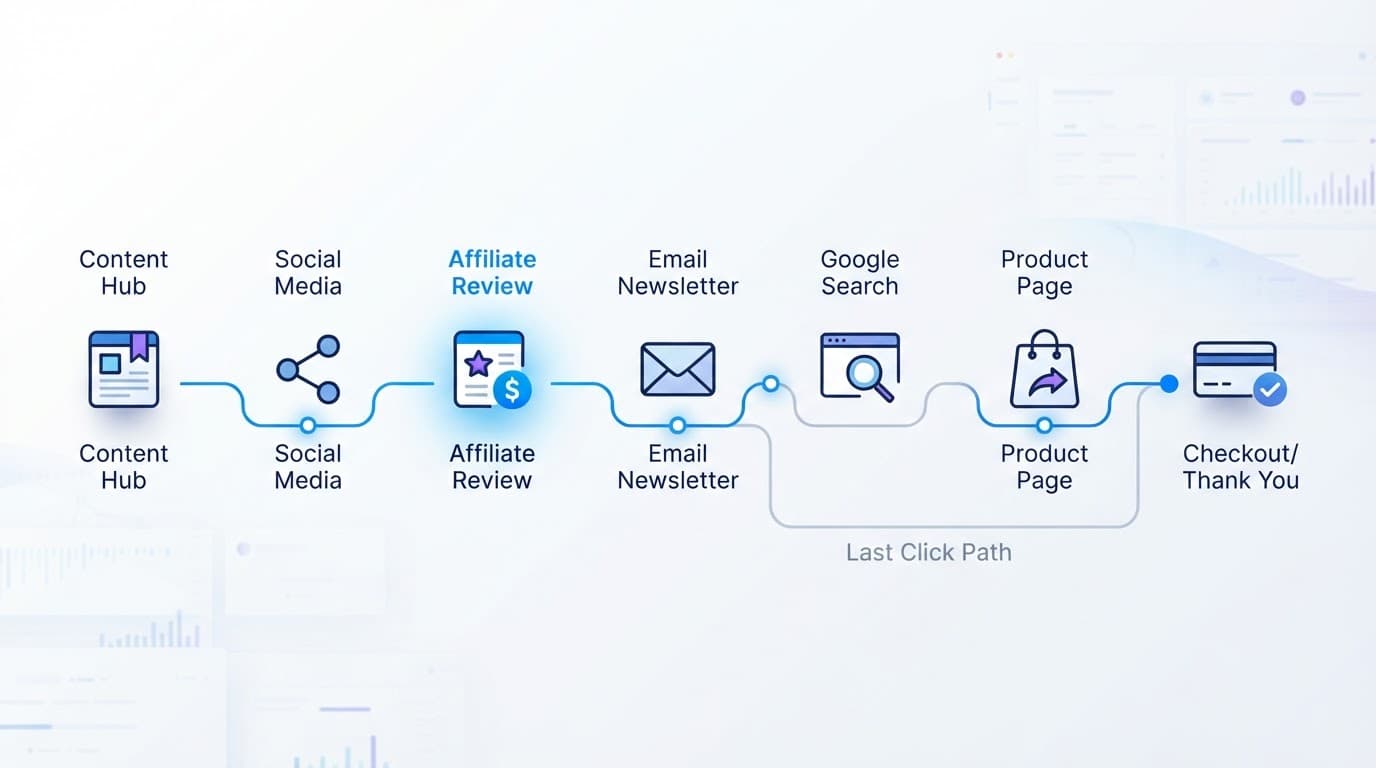 A diagram shows affiliate, email, search, product, and checkout steps leading to one purchase.