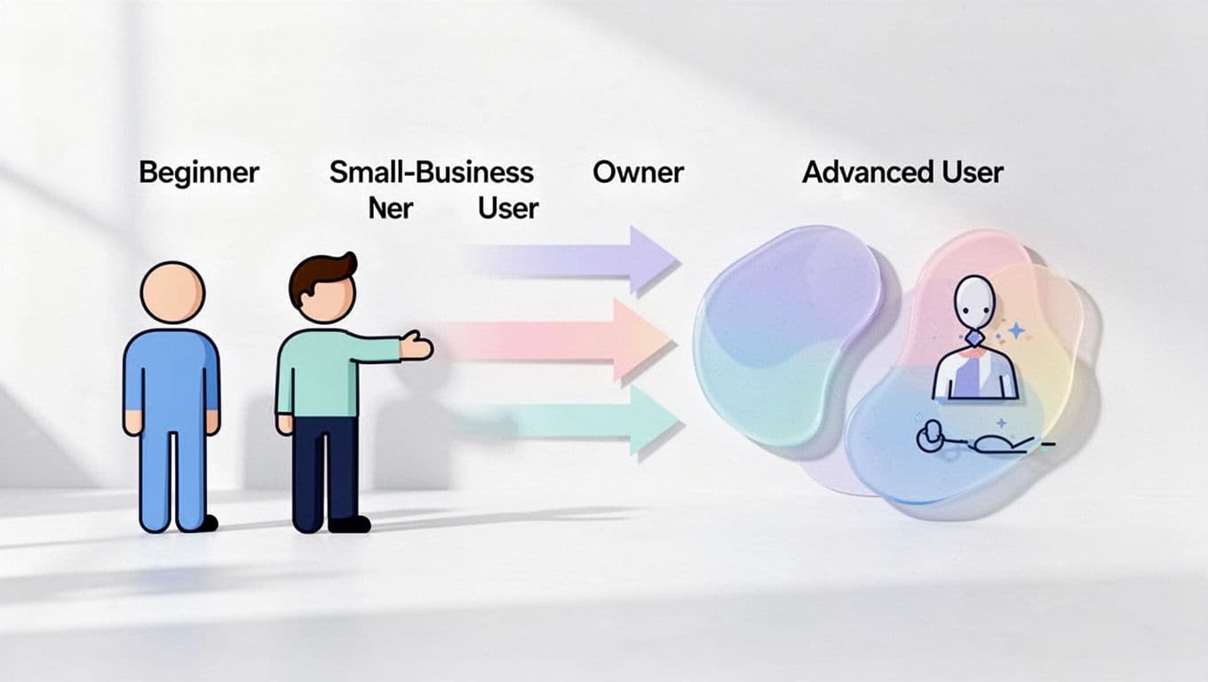 Clean infographic diagram featuring three audience personas—beginners, small business owners, and advanced users—connected by arrows to corresponding product benefits on a white background with flat design and simple icons.