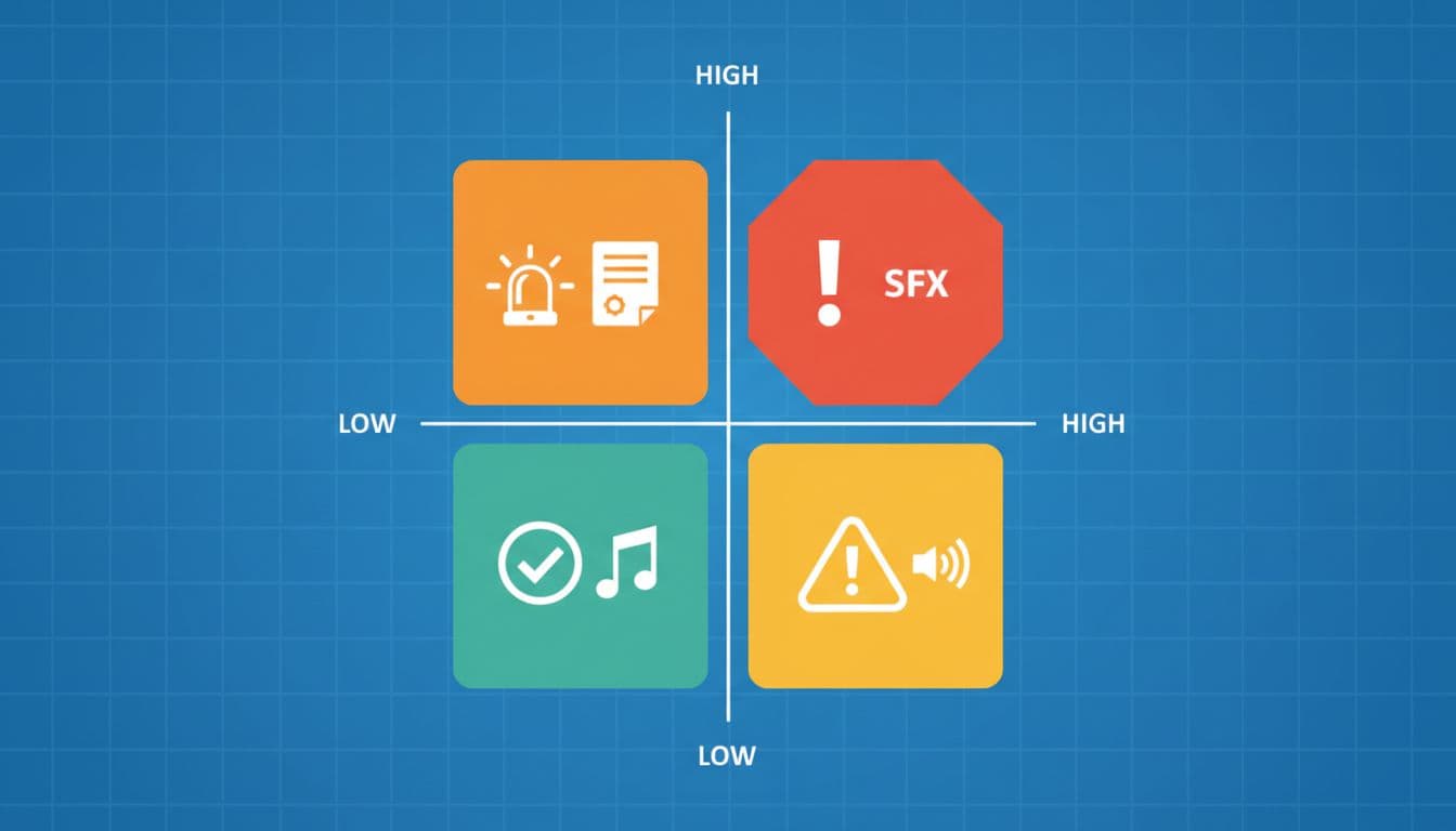 The 15-Minute Lesson Audio Licensing Check For Language Apps 3 Clean 2x2 risk matrix chart for audio licensing risks with icons in each quadrant: green check music note for low likelihood low impact, yellow warning audio wave for high likelihood low impact, orange alert contract paper for low likelihood high impact, red exclamation SFX symbol for high likelihood high impact. Modern flat design on blue grid background, landscape aspect ratio, no text or labels.
