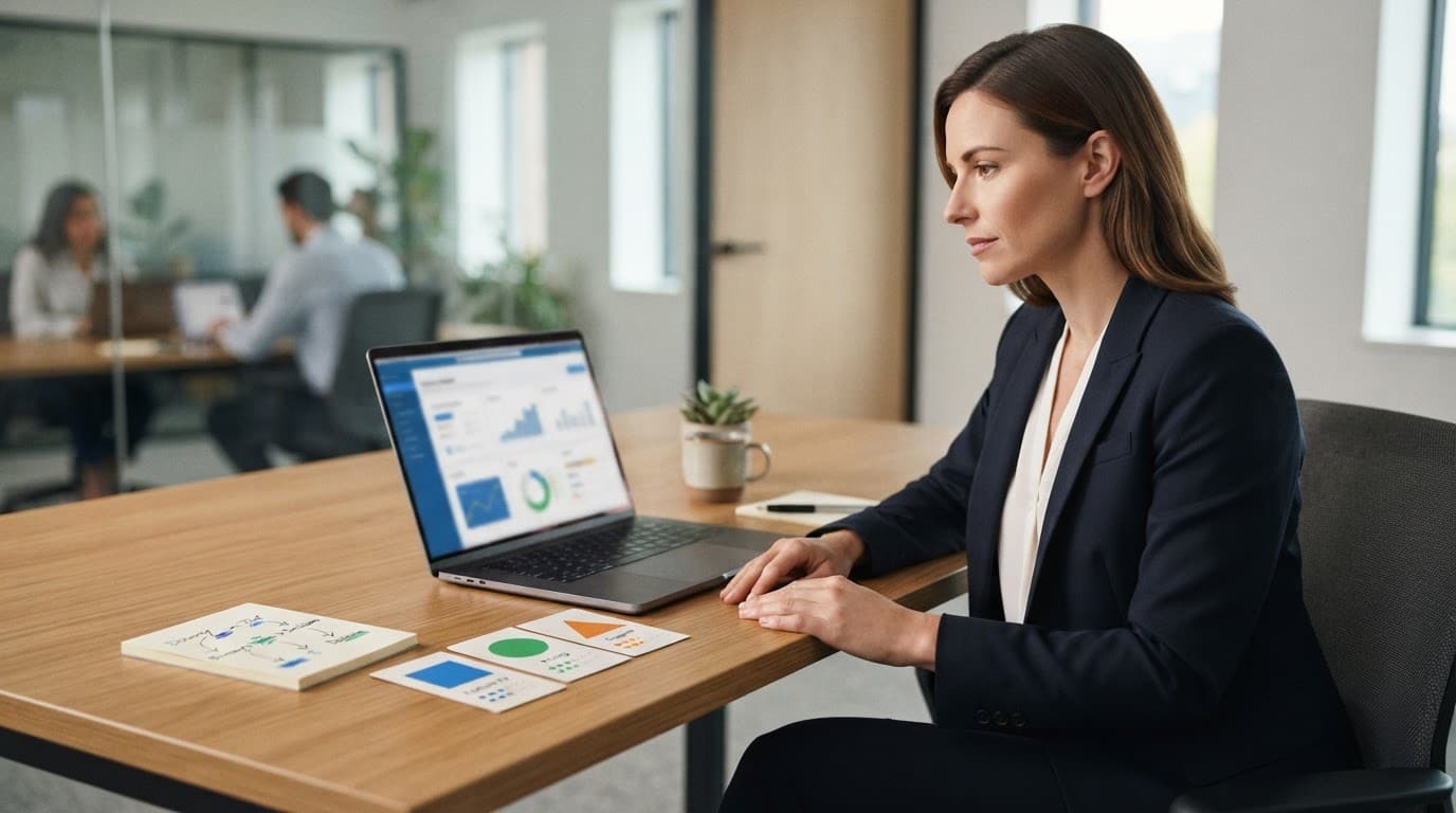 A professional reviews a laptop beside colored cards and a simple conversion diagram.
