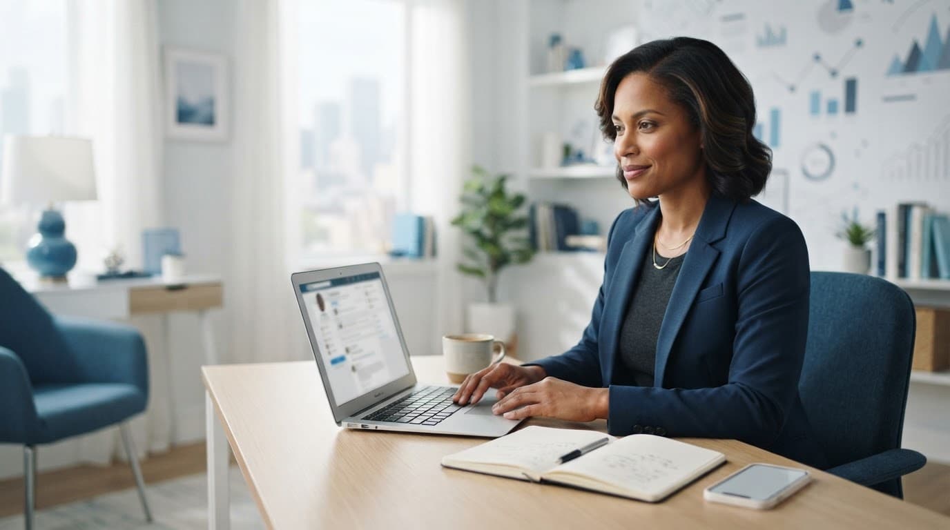 A software consultant works beside a laptop and smartphone in a bright home office.