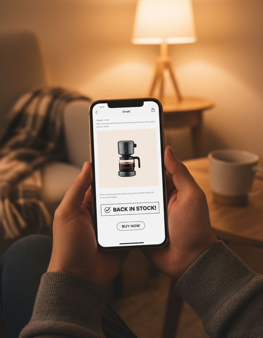 Person's hand holding a mobile phone in a cozy home with warm lighting, screen displaying back-in-stock notification interface featuring product image, restocked status, and buy now button, focused without readable text.
