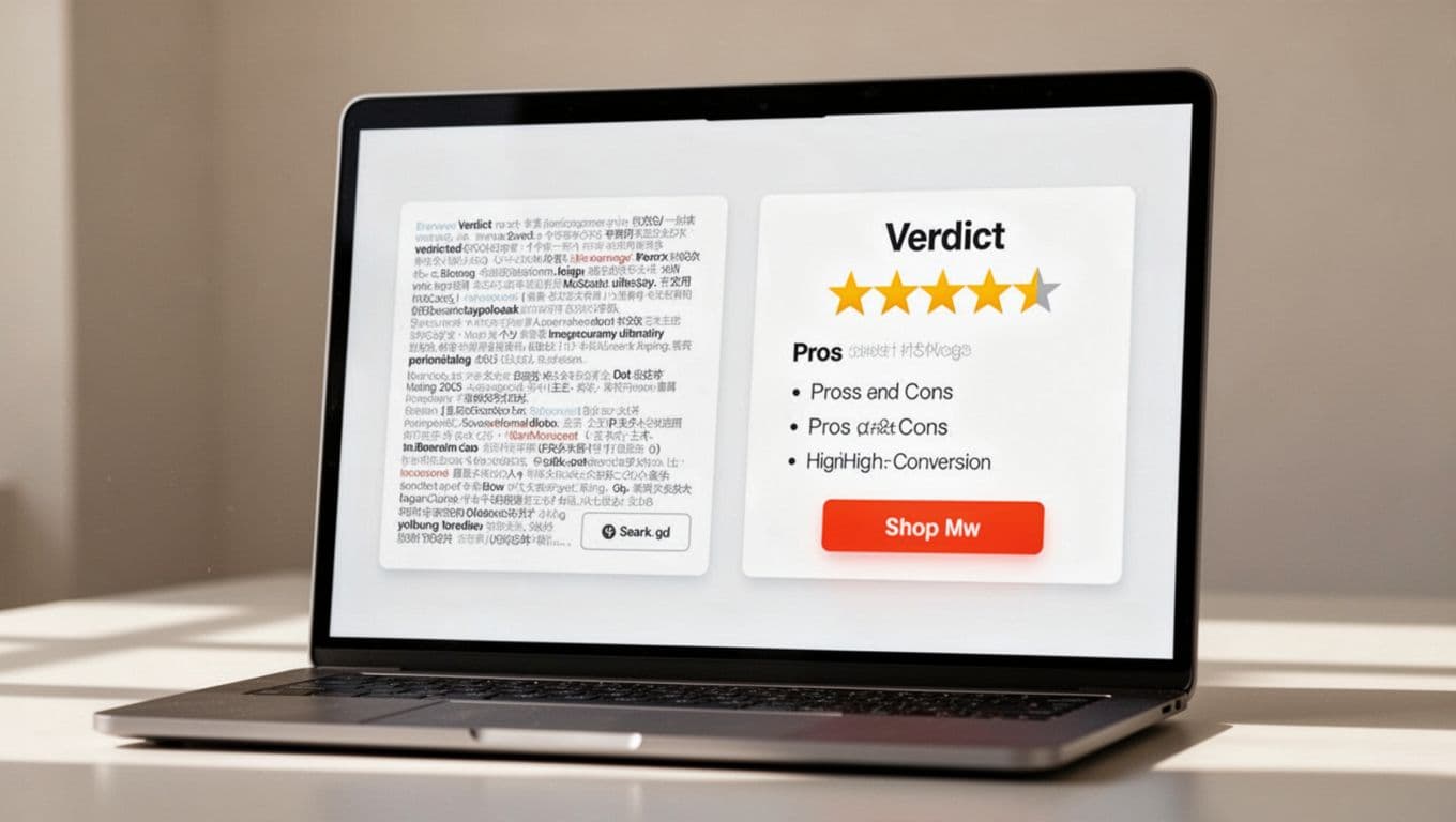 Side-by-side UI screenshot comparison of a cluttered, text-heavy verdict box failing CRO on the left versus a clean, star-rated box with short pros/cons bullets and prominent 'Get Deal' CTA succeeding on the right.