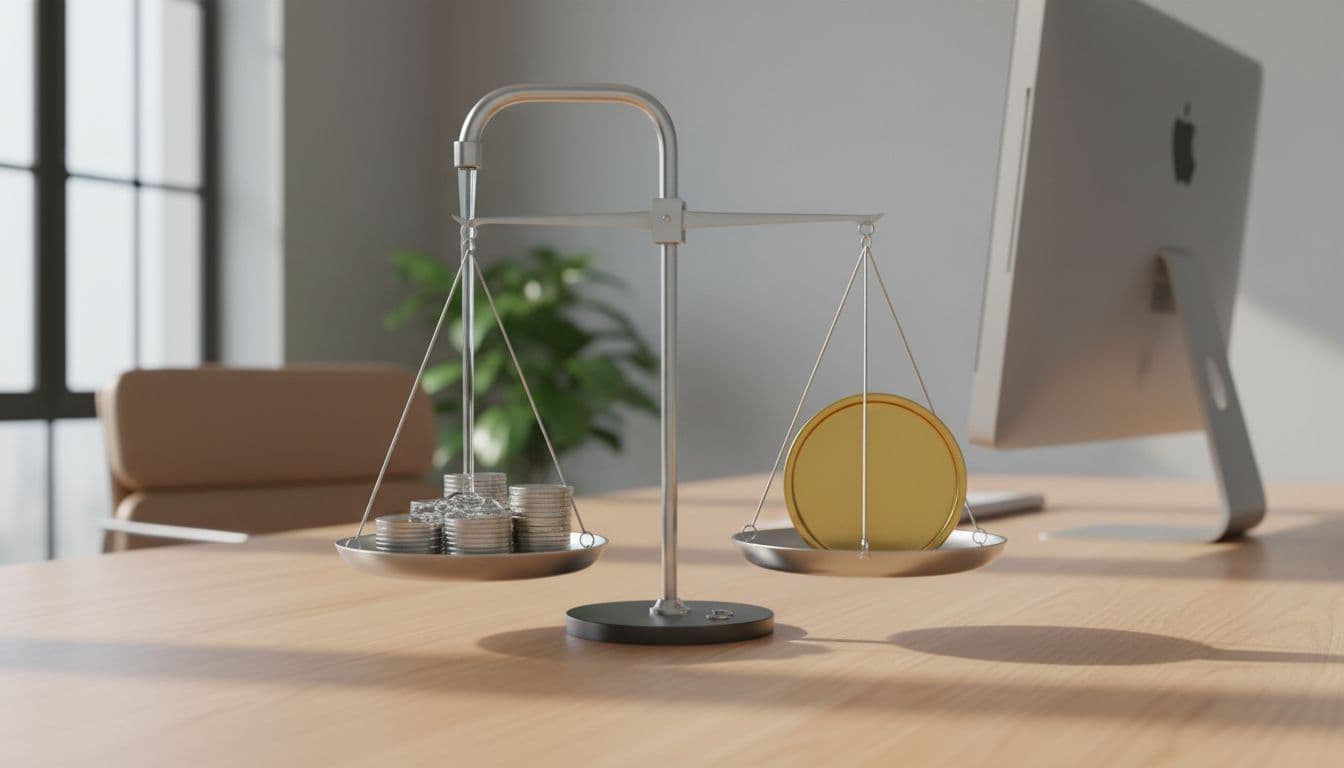Balance scale on office desk balances stacked silver coins with steady faucet drip left against large gold coin right.