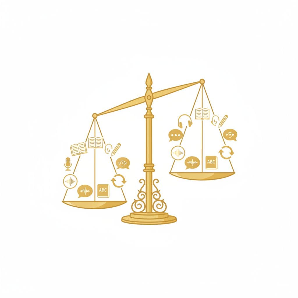 A balanced golden scale with eight icons on each side representing core language learning skills including speaking, listening, reading, writing, vocabulary, grammar, pronunciation, and review, in illustrative vector style on a white background.