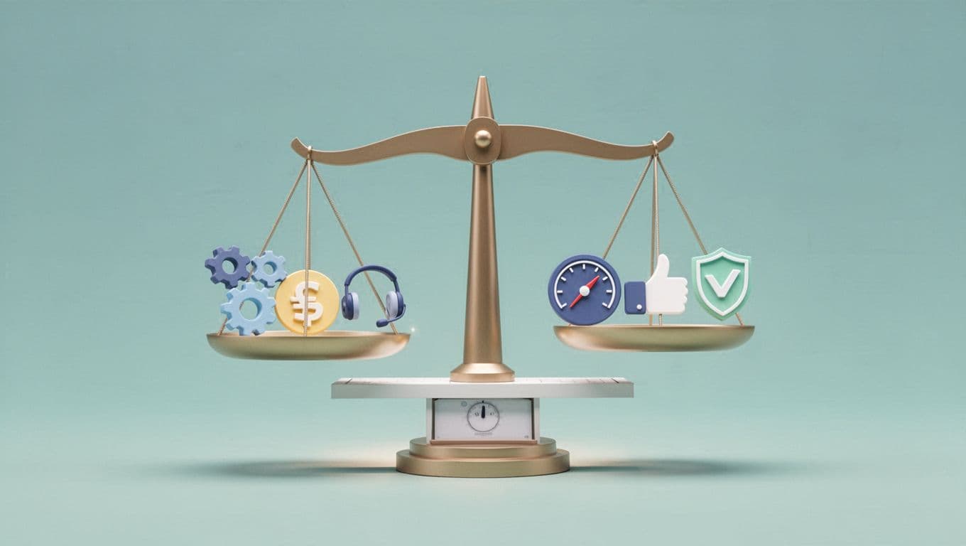 Infographic style illustration of a balanced scale weighing product criteria icons such as gears for features, dollar sign for pricing, headset for support, speedometer for performance, thumbs up for reputation, and value symbol in modern flat design with soft blue and green colors.