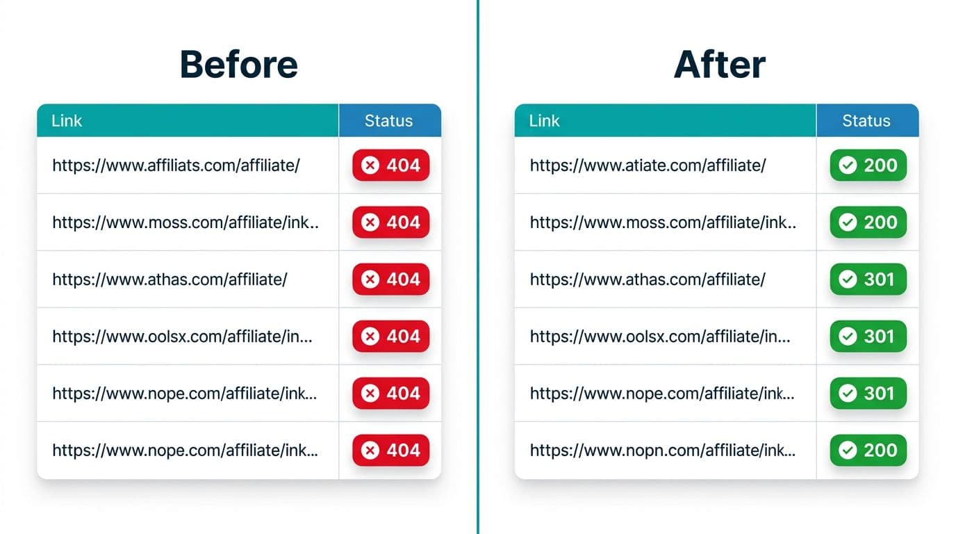 Split view comparison of a SaaS dashboard table showing affiliate links with red 404 errors on the 'Before' side and green 200/301 success statuses on the 'After' side, in clean modern flat vector style with teal and blue accents.