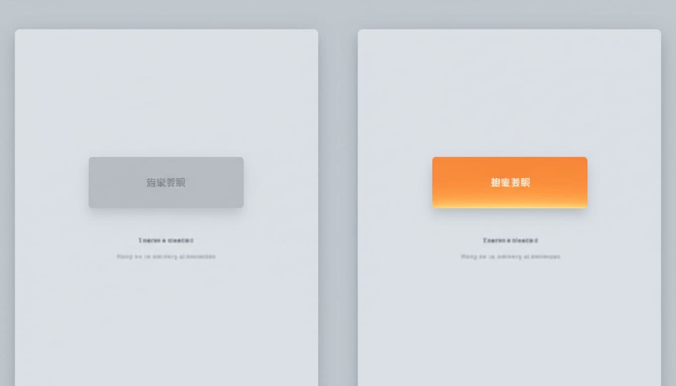 Split screen comparison of dull gray affiliate CTA button before and vibrant orange button with shadow after, on a clean minimalist blog post page in top-down view with natural daylight.