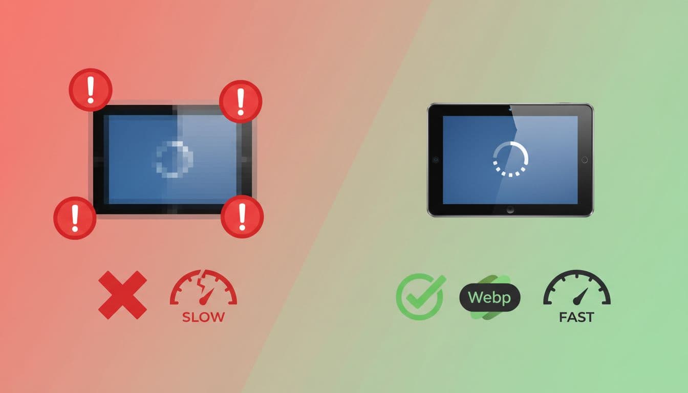 Split composition showing left side slow-loading blurry product photo with red warning icons versus right side fast crisp WebP image with green checkmarks and speedometer on gradient background.