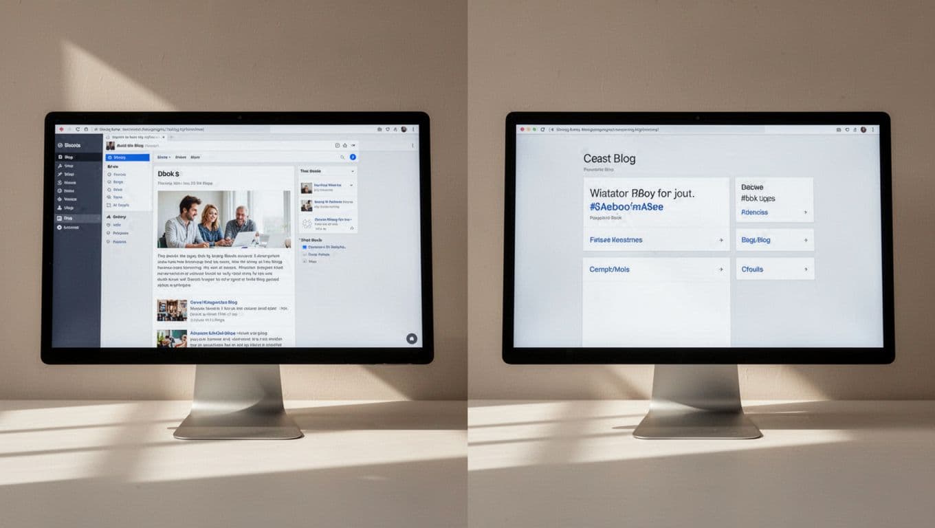 Split image comparing old and updated product screenshots: left side shows outdated branding, right side features new branding and links on simple blog post interfaces on computer screens with neutral background and clean realistic style.