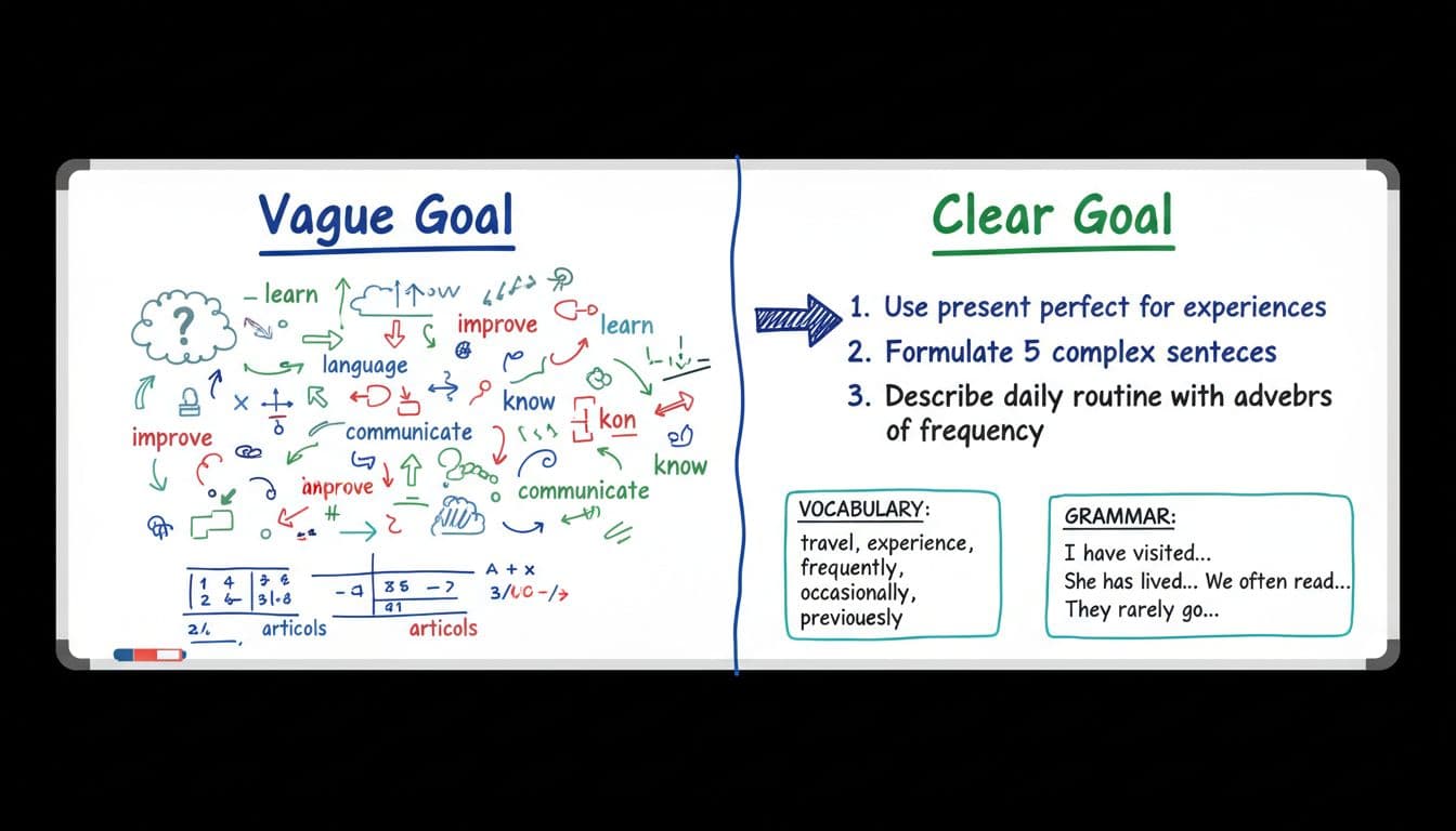 Language App Lesson Goals: A 15-Minute Clarity Check 4 Split whiteboard-style panels illustrate a vague lesson goal on the left and a clear, rewritten goal on the right, featuring simple markers, vocabulary, and grammar examples in flat design.
