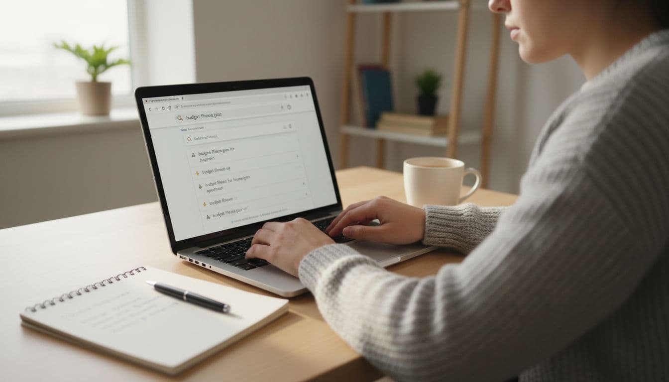 Person at home desk with laptop showing Google keyword suggestions, notebook, and coffee mug.