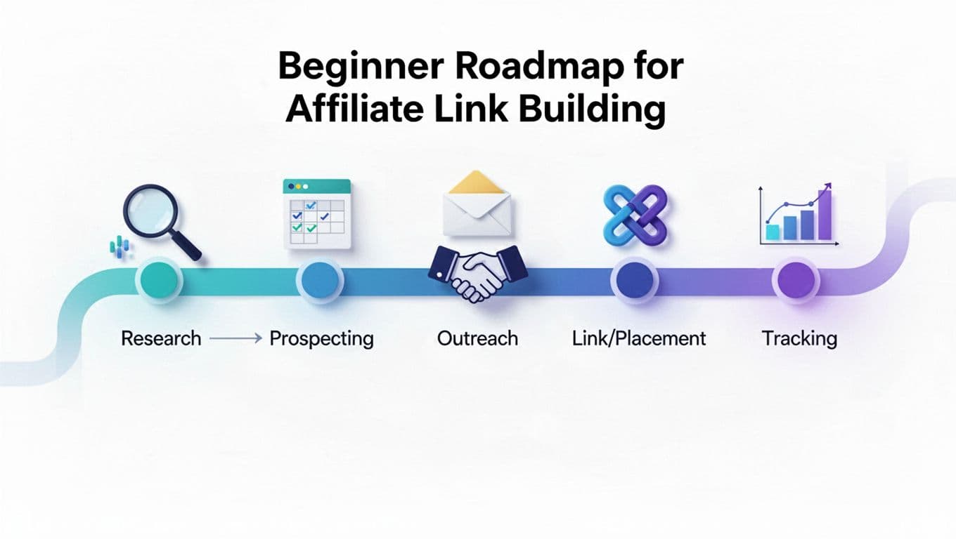 Clean modern flat-vector illustration of a step-by-step path for beginner affiliate link building, labeled Research → Prospecting → Outreach → Relationship → Link/Placement → Tracking with relevant icons, using teal/blue/purple accents on white background.