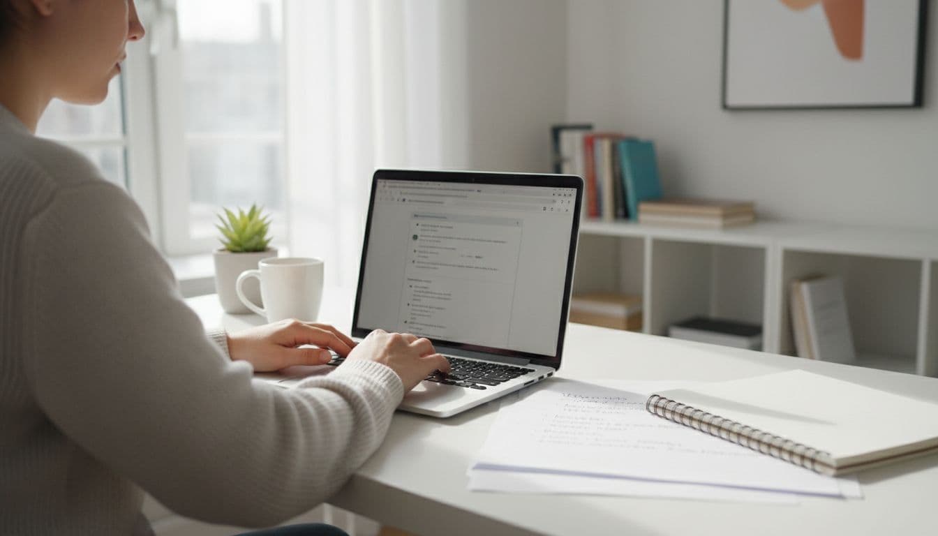 A focused content creator sits at a modern desk in a bright home office, typing on a laptop with affiliate marketing notes nearby.