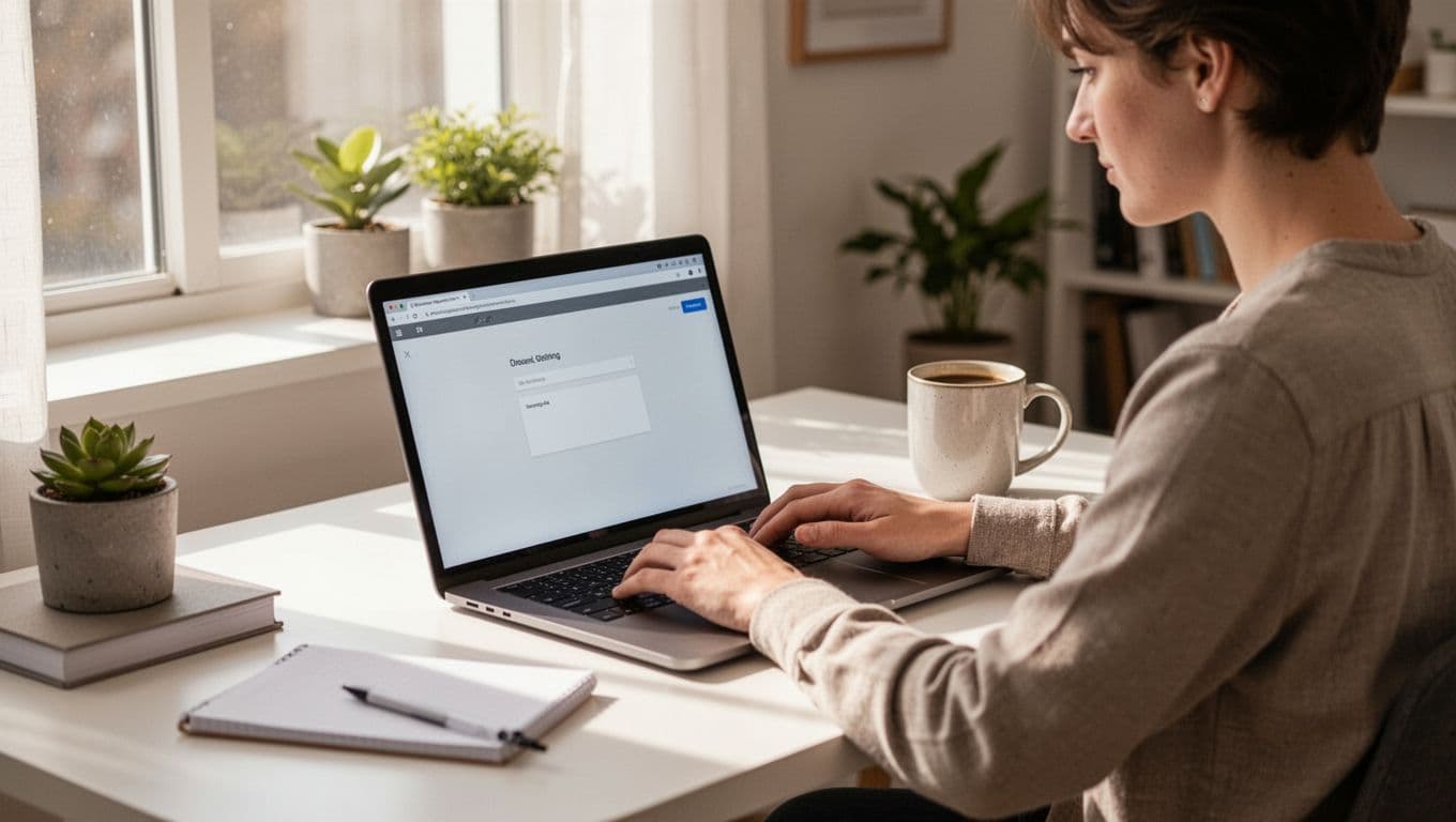 Beginner blogger sits at desk typing on laptop showing simple blog dashboard with few posts, coffee mug nearby in bright room.