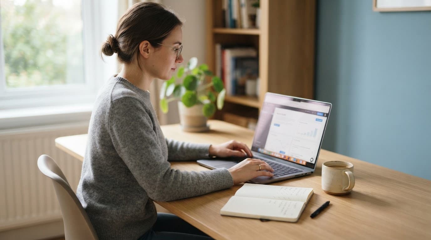 Beginner planning a website budget with a laptop, mug, and notebook at home.