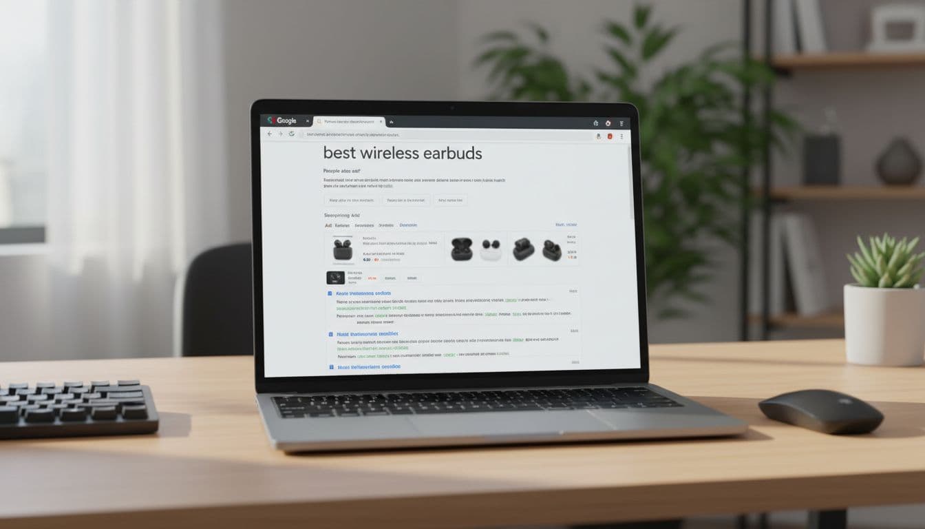 A realistic laptop screen on a clean office desk displays a Google SERP for 'best wireless earbuds', featuring featured snippet, people also ask, top ads, organic results, and shopping carousel, with keyboard and mouse nearby under natural daylight.