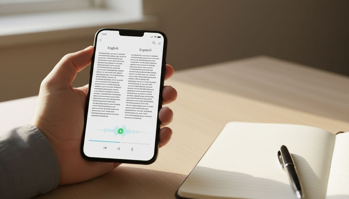 Beelinguapp Review for Serious Learners in 2026 2 Hand holds smartphone displaying parallel English-Spanish texts and audio progress bar on wooden table with notebook.