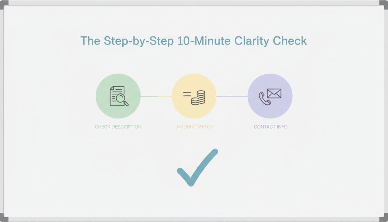 Simple infographic checklist for billing receipt review on a clean whiteboard background with icons for steps like checking description, amount match, and contact info. Minimal design using soft pastel colors and even lighting, no text, people, or devices.