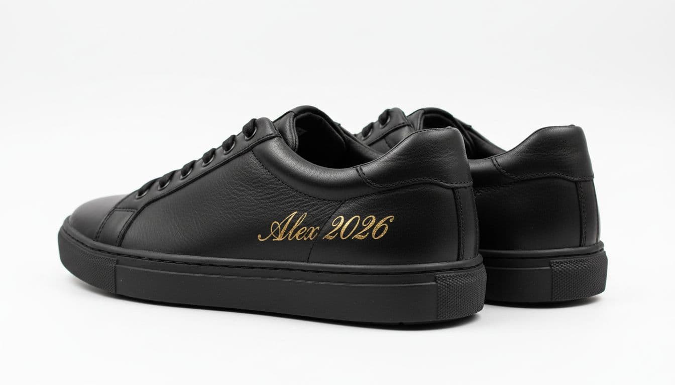Pair of black leather sneakers on white background, one with gold engraved 'Alex 2026'.