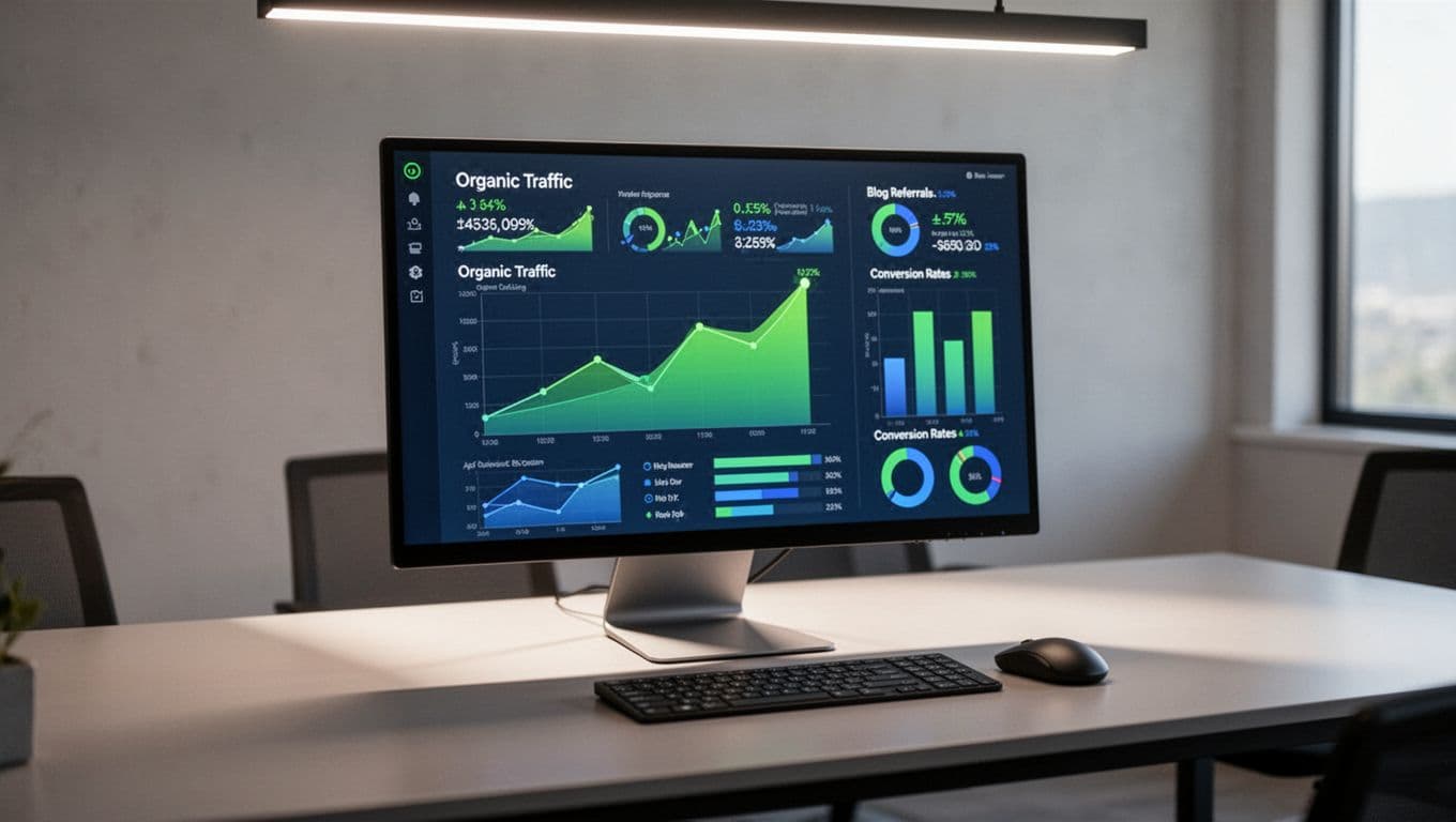 Clean dashboard on computer screen showing SEO metrics like organic traffic growth, blog referrals to product pages, and conversion rates from blog visitors, with charts in green and blue on a modern office desk.