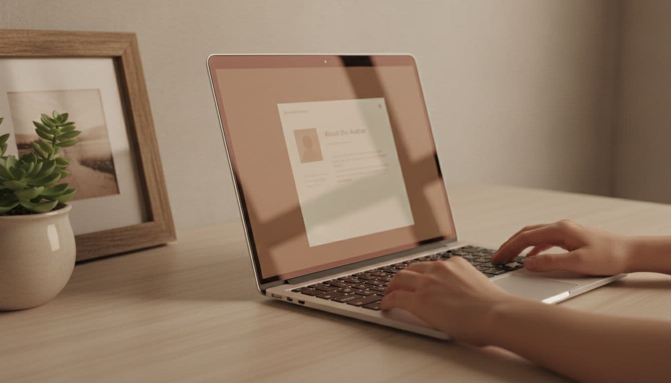Clean laptop screen at an angle showing a blurred blog author bio section in a cozy workspace, with hands resting on the desk, plant and photo frame in the background, warm tones, realistic and authentic vibe.