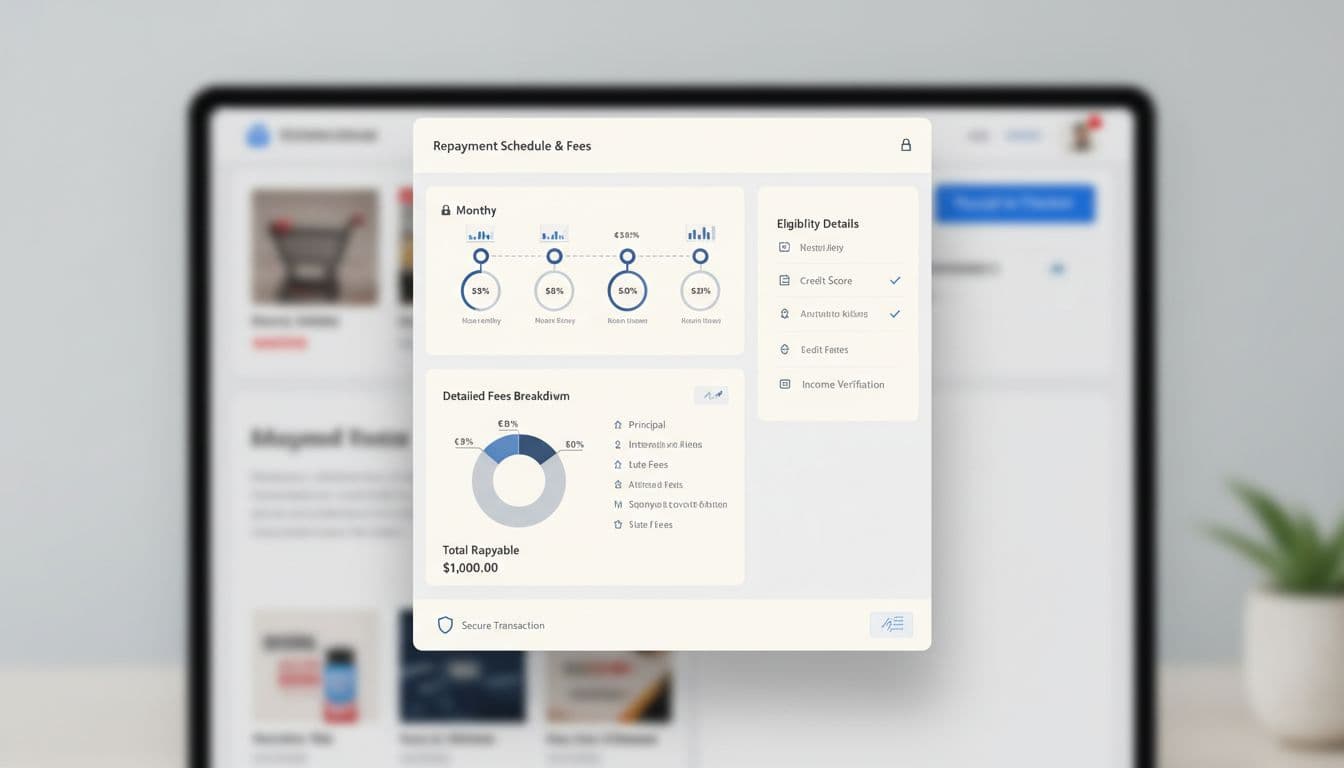Professional fintech illustration of BNPL repayment schedule and eligibility transparency in an ecommerce checkout modal, with detailed fees breakdown, visual aids, and secure trust elements in a clean modern UI.