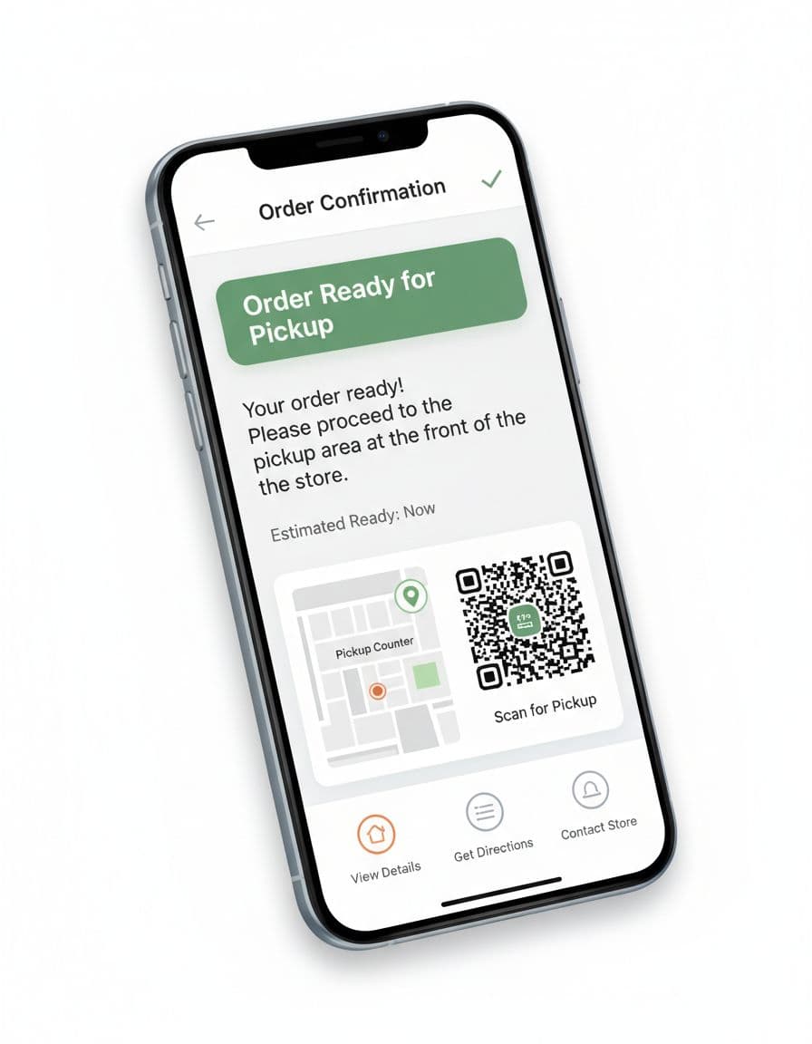 Modern ecommerce mobile app screen showing BOPIS order confirmation page with pickup instructions, estimated ready time, store map pin, QR code, and 'Order Ready for Pickup' status indicator. Clean professional UI layout in portrait aspect ratio on a single phone device at slight angle against white background.