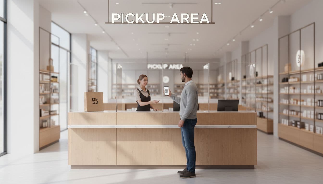 Retail store interior featuring a dedicated BOPIS pickup counter with clear overhead signage, where a customer hands their phone displaying a QR code to a staff member holding a bagged order, in a modern clean environment with natural daylight.