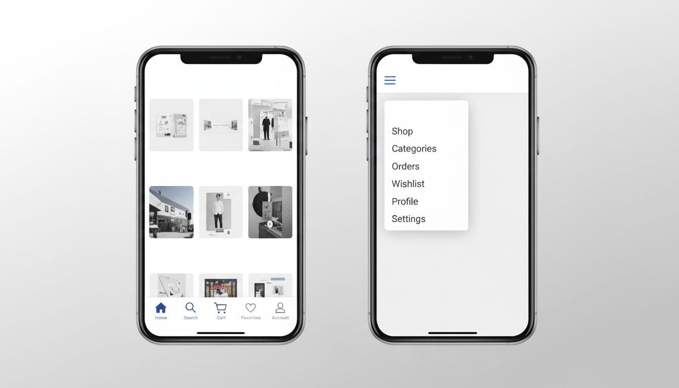 Editorial illustration with side-by-side high-fidelity smartphone mockups comparing bottom navigation tabs and hamburger menu in a mobile ecommerce app. Clean layouts in neutral palette, minimalist professional UX/UI style.