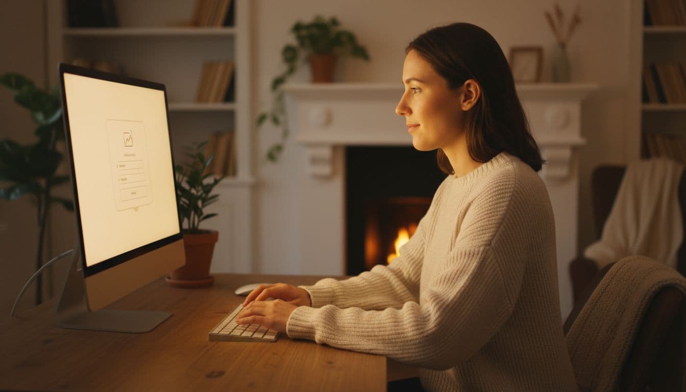 A relaxed person at a desk in a cozy home office builds an email list on their computer, with hands naturally resting on the keyboard under soft warm lighting and screen glow.
