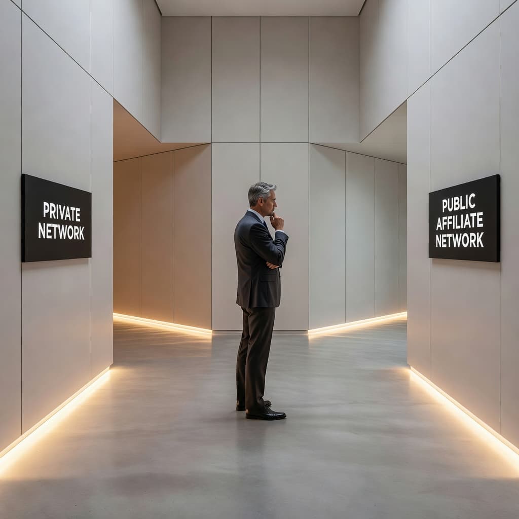 A well-dressed business professional stands at a minimalist architectural fork within a sunlit, modern office hallway. The person observes two distinct paths diverging toward different corporate network business opportunities.