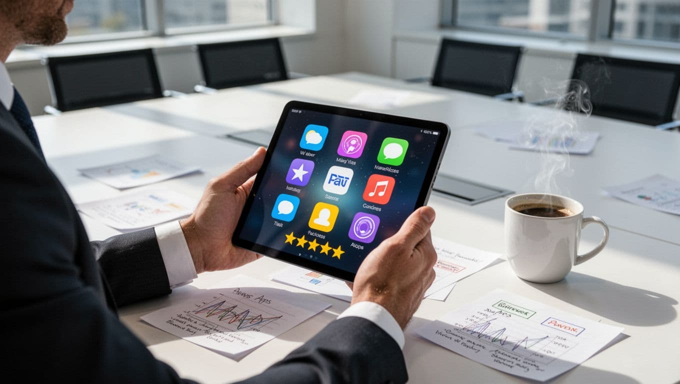 A businessman in a conference room holds a tablet displaying a clean side-by-side comparison chart of business English apps, featuring app icons and ratings, surrounded by notes and a coffee mug in a bright professional office setting.