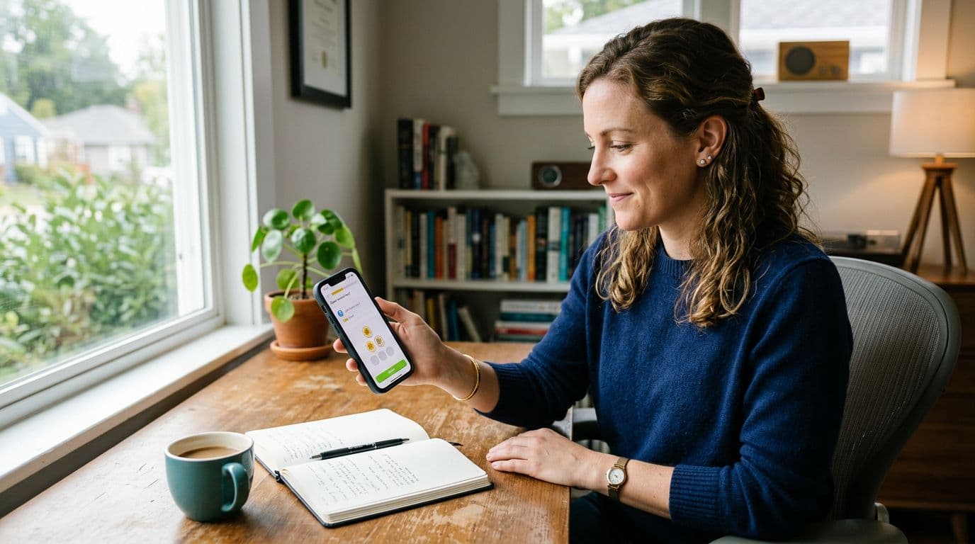 A focused yet relaxed adult professional in their 30s at a home office desk holds a smartphone with a language learning app open, resuming a lesson after a short break. Coffee mug and notebook nearby, natural window light, realistic photographic style with clean composition and high detail.