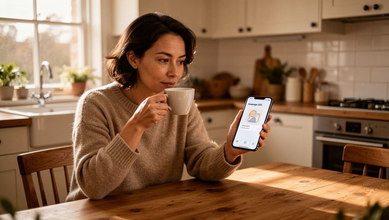 A 15-Minute Mastery Check for Language Learning Apps 2 A busy professional in their 30s sits at a kitchen table with morning coffee, holding a smartphone to begin a language learning app's first lesson featuring a simple onboarding quiz. Natural morning light illuminates the cozy home kitchen setting.
