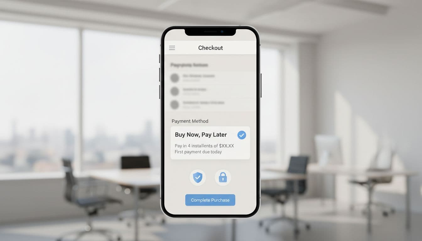 Professional fintech editorial illustration of Buy Now Pay Later checkout UX on a mobile device, featuring transparent payment options, repayment breakdown, trust signals, and clean modern UI in soft neutral tones with blue accents.