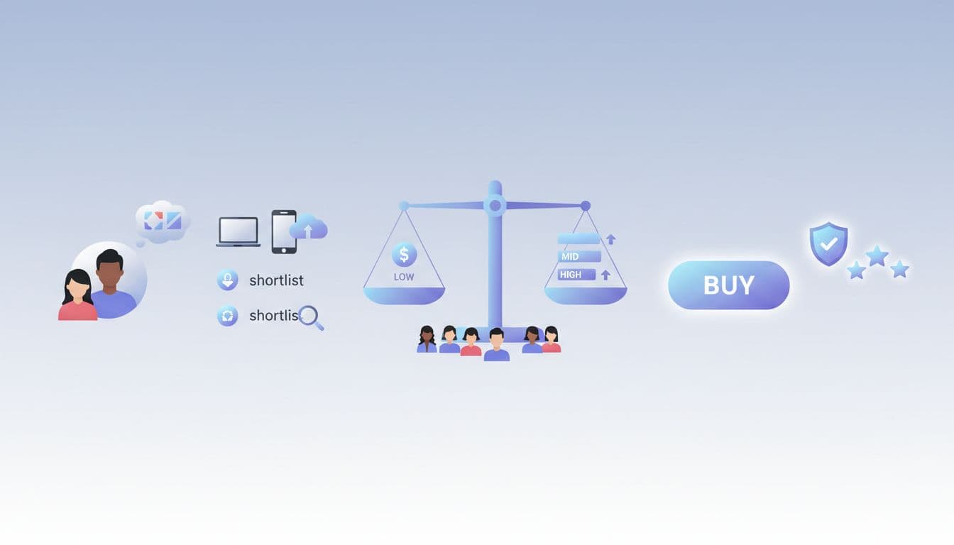 Clean, modern flat-vector illustration of a buyer journey funnel from needs awareness to purchase, featuring diverse silhouettes, product shortlist, price comparison scales, and trust icons on a subtle blue-to-white gradient background.